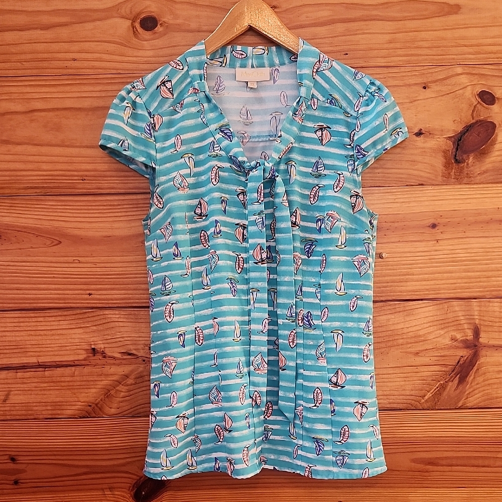 Modcloth Blue Sailboat Print Blouse XS